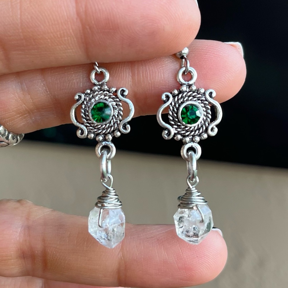 Genuine herkimer diamonds crystal quartz green cz emerauld dangly boho earrings - Picture 4 of 11
